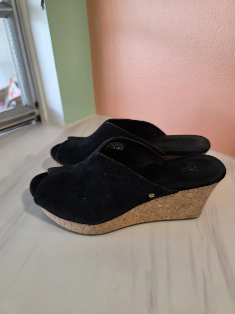 UGG Dominique Black Suede Cork Wedge Slide Mules 9 Boho Chic Festival